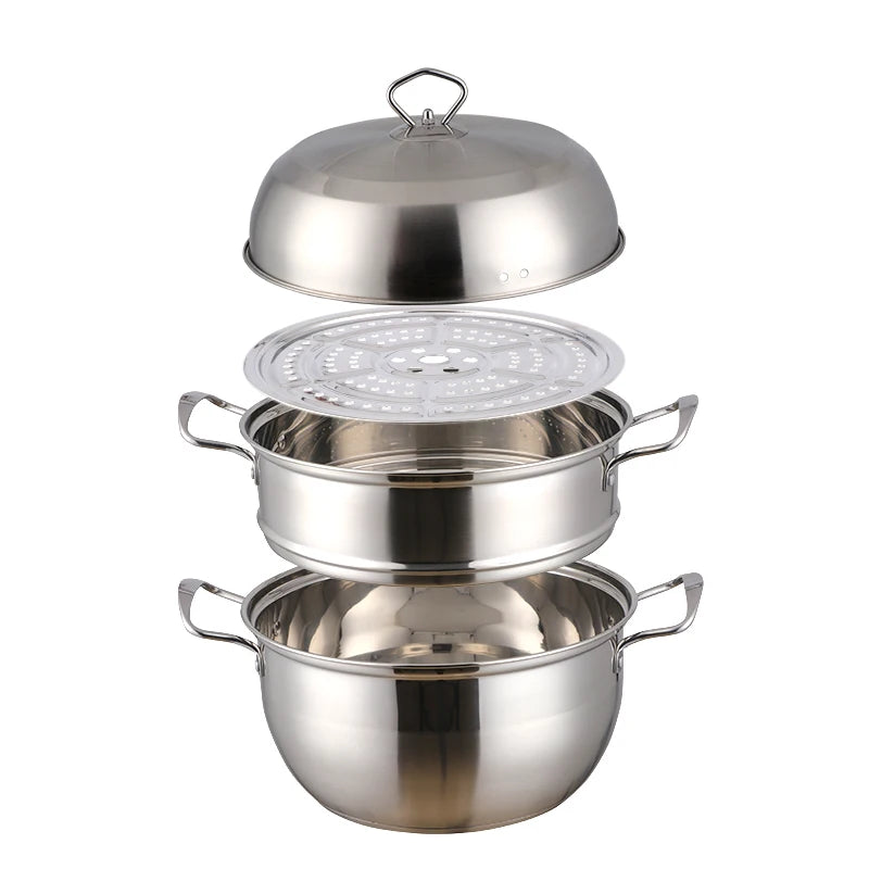 3 Layers Stainless Steel Steamer Pot – 26cm Triple Tier Cooker – Soup & Steam Cooking Pot – Gas Stove Compatible – Silver