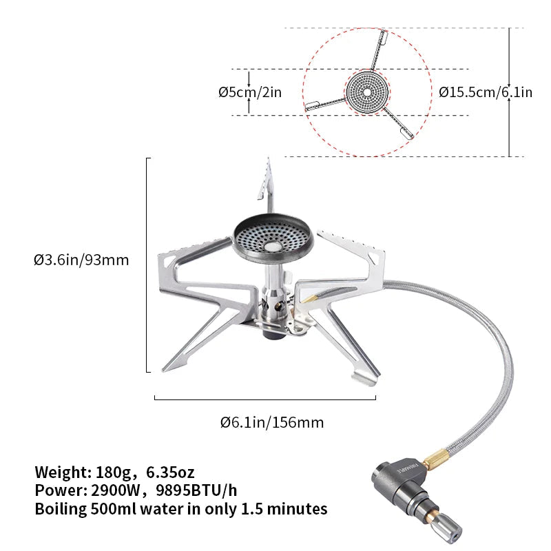 Camping Stove 2900W Pressure Regulator Remote Gas Burner Backpacking Cooker – Silver