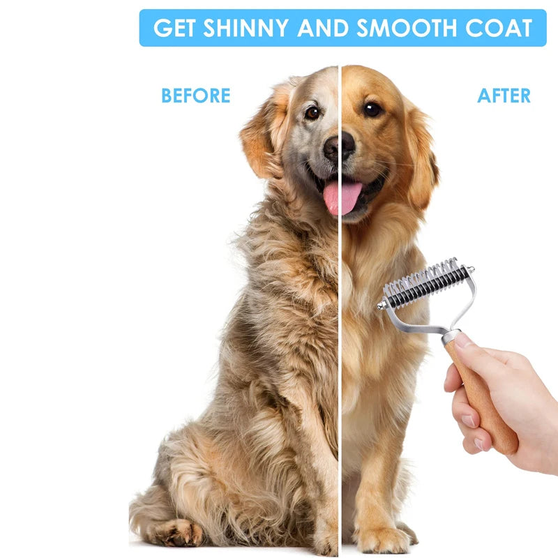 Pet Grooming Comb 2 Sided Stainless Steel Undercoat Rake Wooden Handle Dematting Brush