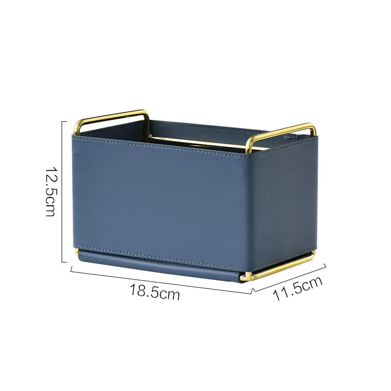 PU Leather Cosmetic Organizer 18.5cm Makeup Brush Holder Storage Basket With Metal Handles – Blue