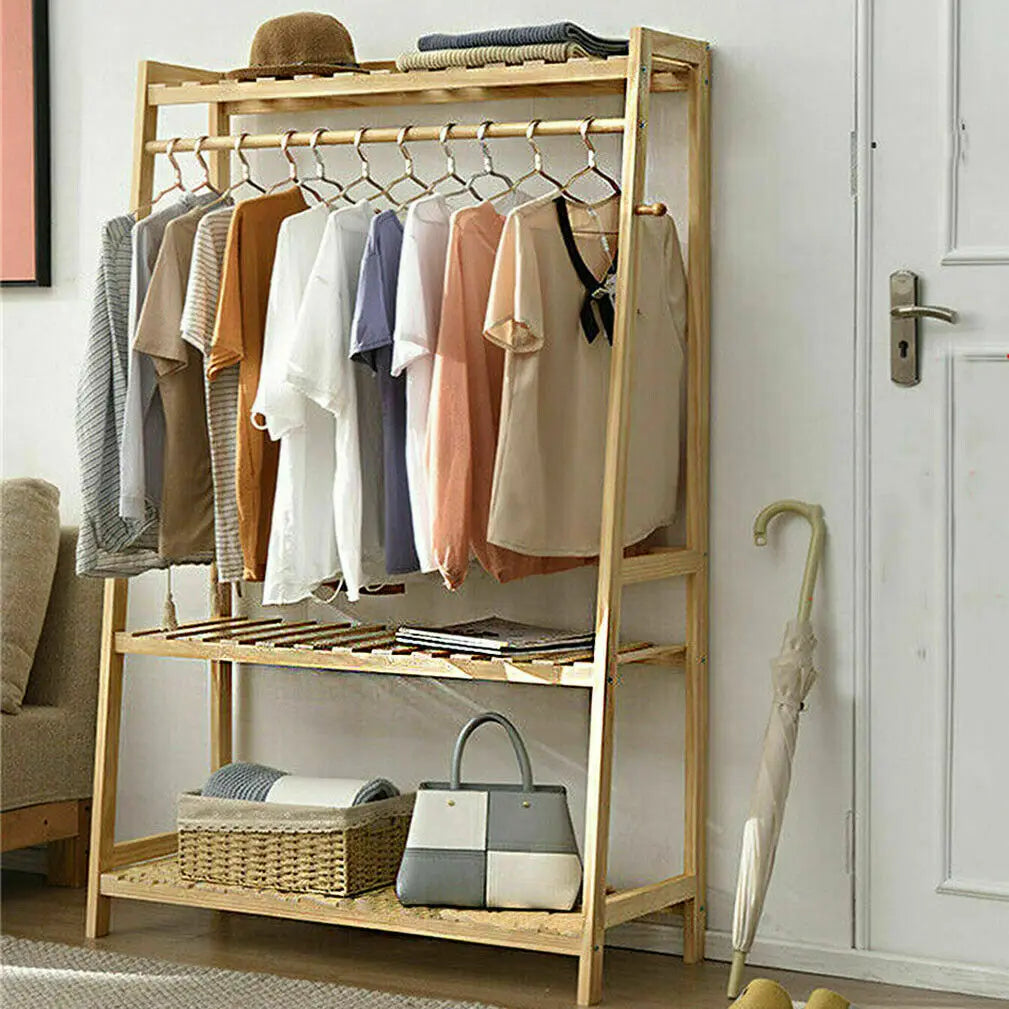 Garment Rack Bamboo Clothes Hanging Organiser 3 Shelves 10 Hooks Mobile Wardrobe – Yellow