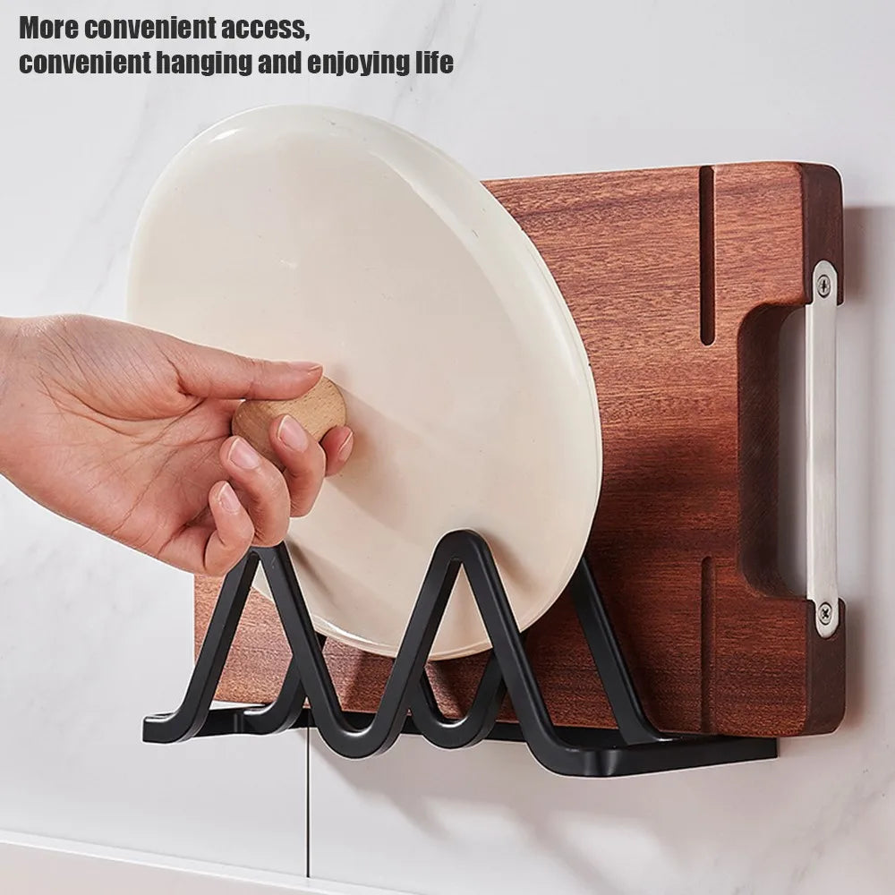 Wall Mounted Pot Lid Holder Kitchen Organizer Rack Double Slot Cutting Board Storage Rack No Drill – Black