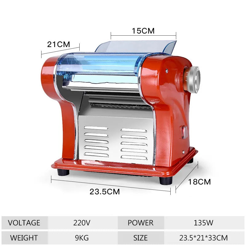 Electric Pasta Maker 220V Automatic Noodle Dough Roller Machine with Dual Cutter – Red