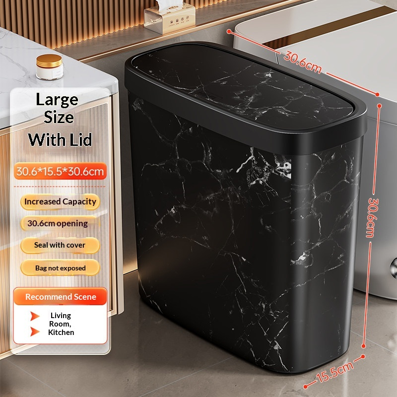 Slim Trash Can Wood Grain Design Swing Lid Compact Garbage Bin for Bathroom Kitchen Black