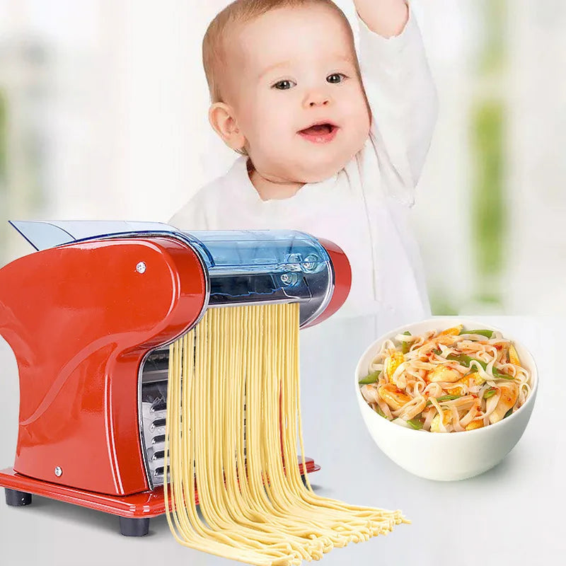 Electric Pasta Maker 220V Automatic Noodle Dough Roller Machine with Dual Cutter – Red