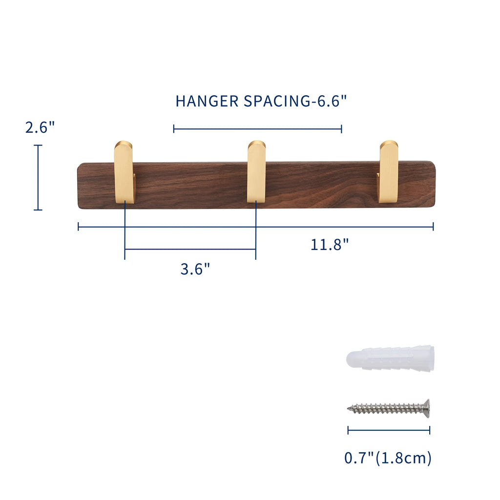 Walnut Wood Wall Coat Rack with 3 Gold Hooks Vintage Wall Mounted Towel and Key Holder