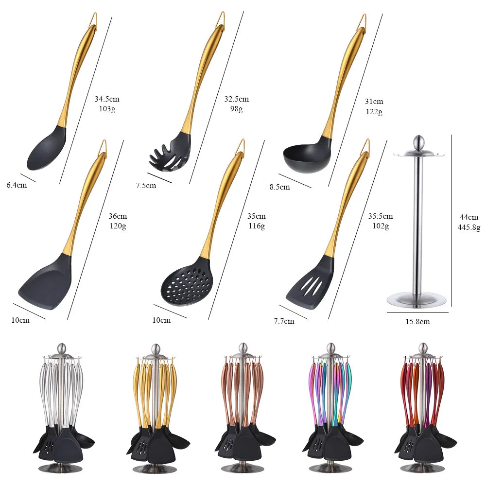 Cooking Tool Set 7PCS Silicone Kitchen Utensils with Stainless Steel Handle - Rose Gold