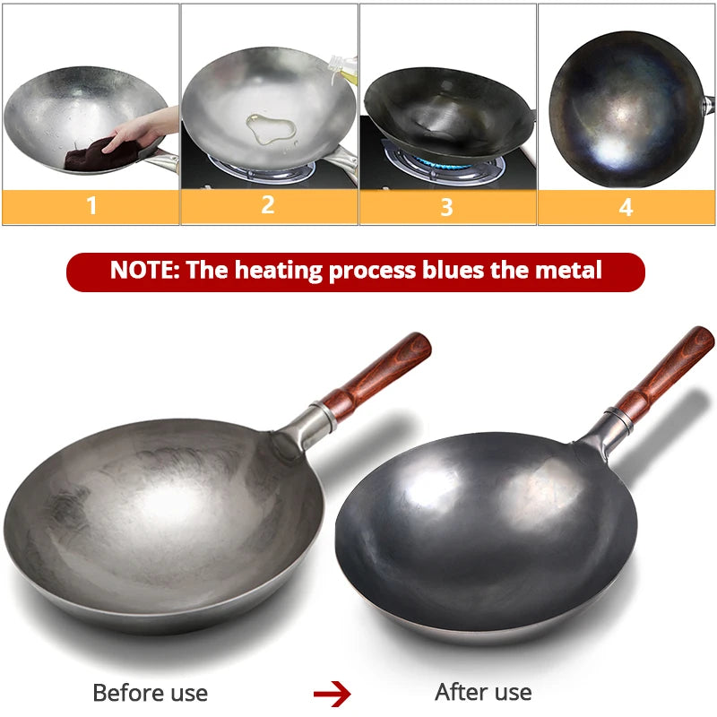 Hand Hammered Iron Wok 30cm Traditional Non-Coated Stir Fry Pan with Wooden Handle