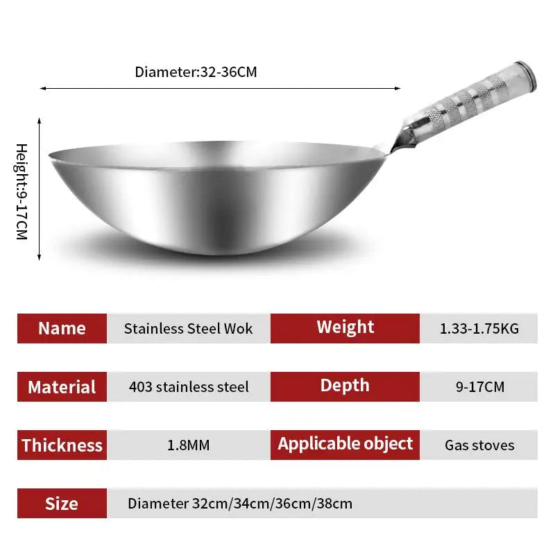 Stainless Steel Wok 34cm Handmade Non-Coated Stir Fry Pan for Gas Cooker