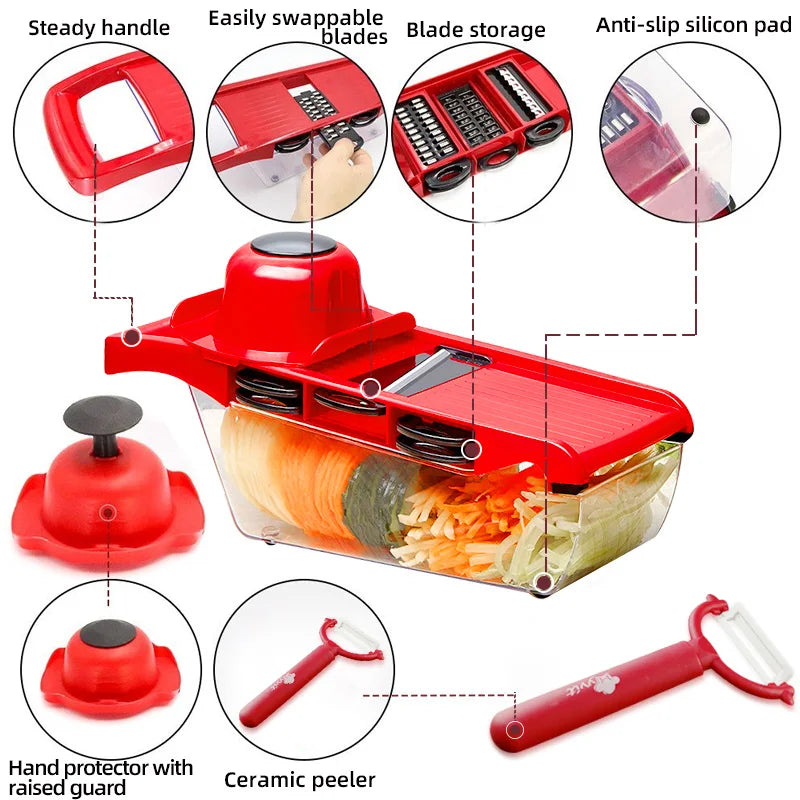 6-in-1 Vegetable Cutter and Grater Mandoline Slicer with Storage Container and Peeler – Red