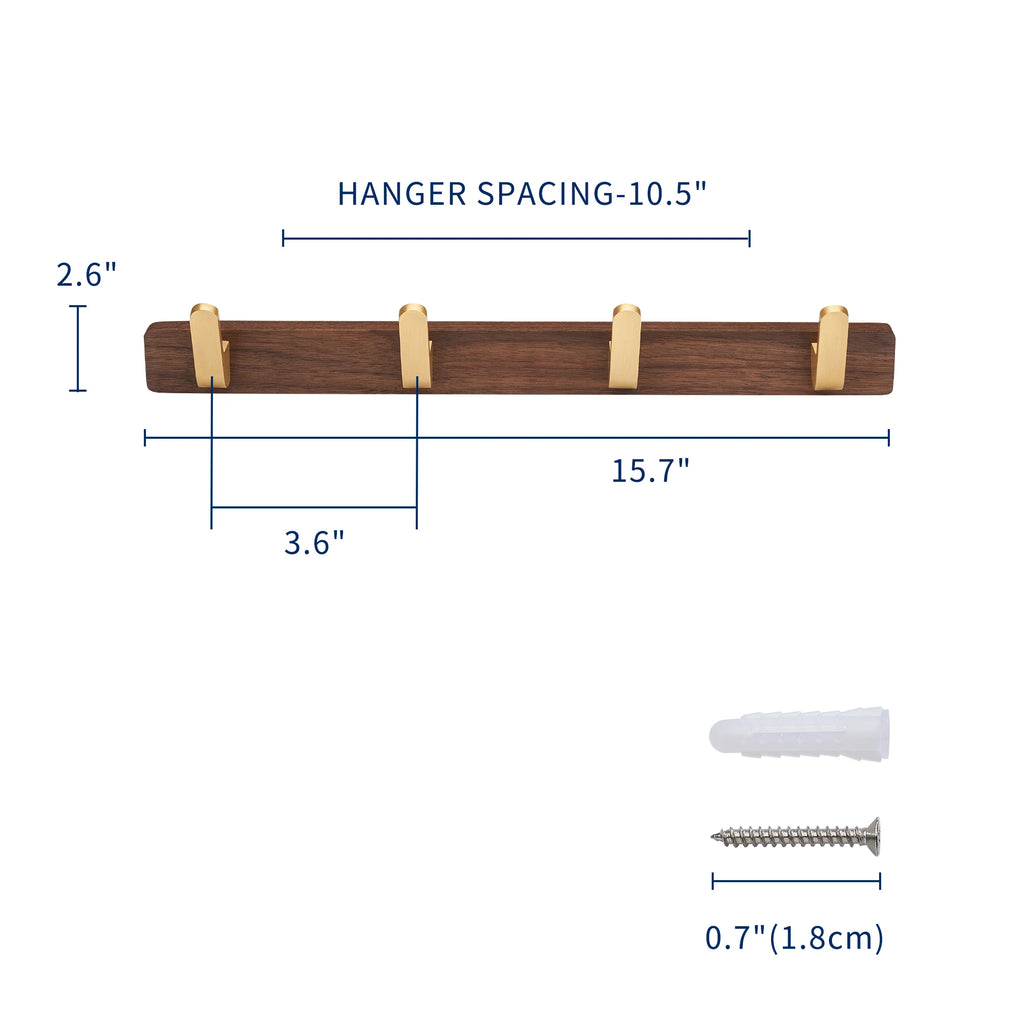 Walnut Wood Wall Coat Rack with 4 Gold Hooks Vintage Wall Mounted Towel and Key Holder
