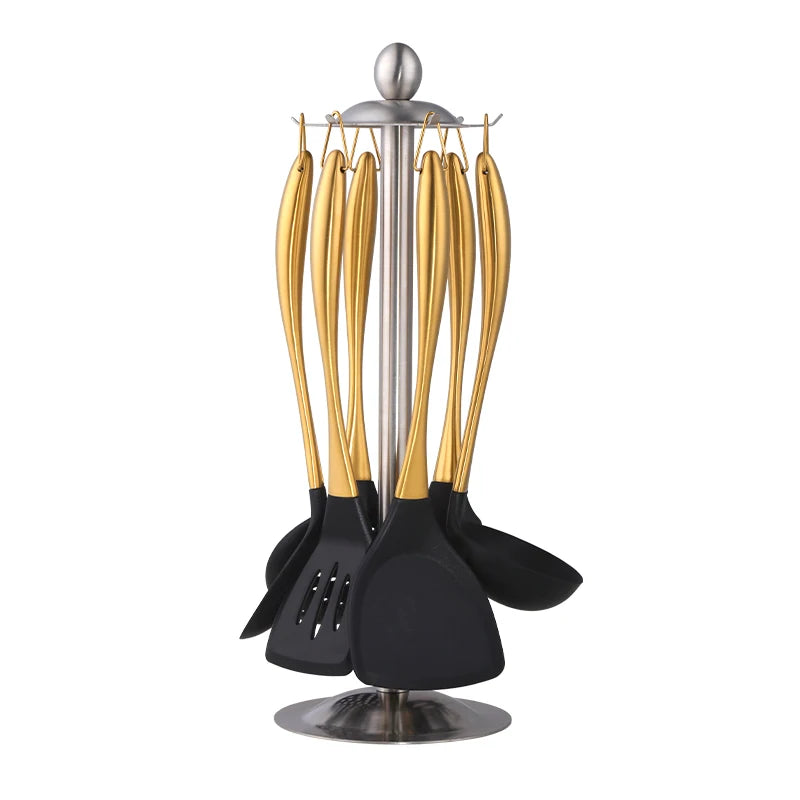 Cooking Tool Set 7PCS Silicone Kitchen Utensils with Stainless Steel Handle - Gold