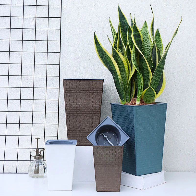 Brick Pattern Tall Flower Pot 27.2cm Plastic Planter With Self-Watering Cotton Rope – White