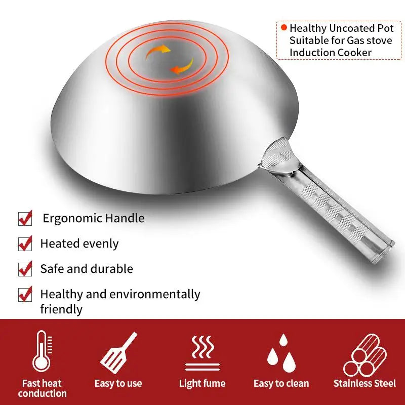 Stainless Steel Wok 34cm Handmade Non-Coated Stir Fry Pan for Gas Cooker