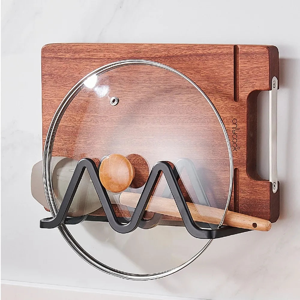 Wall Mounted Pot Lid Holder Kitchen Organizer Rack Double Slot Cutting Board Storage Rack No Drill – Black