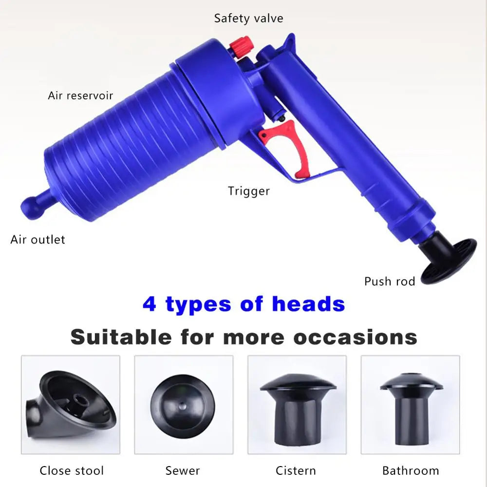 Drain Blaster Gun High Pressure Plunger Pump Pipe Cleaner for Sink Toilet Blue