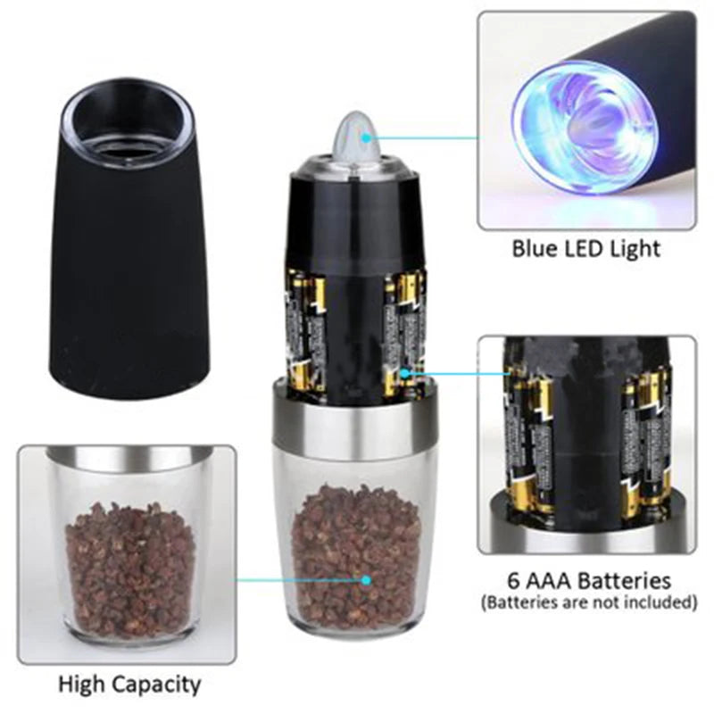 Spice Mill Electric Salt & Pepper Mill Adjustable One-Touch Seasoning Dispenser - Black
