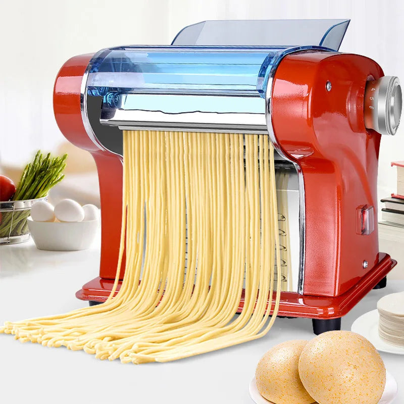 Electric Pasta Maker 220V Automatic Noodle Dough Roller Machine with Dual Cutter – Red