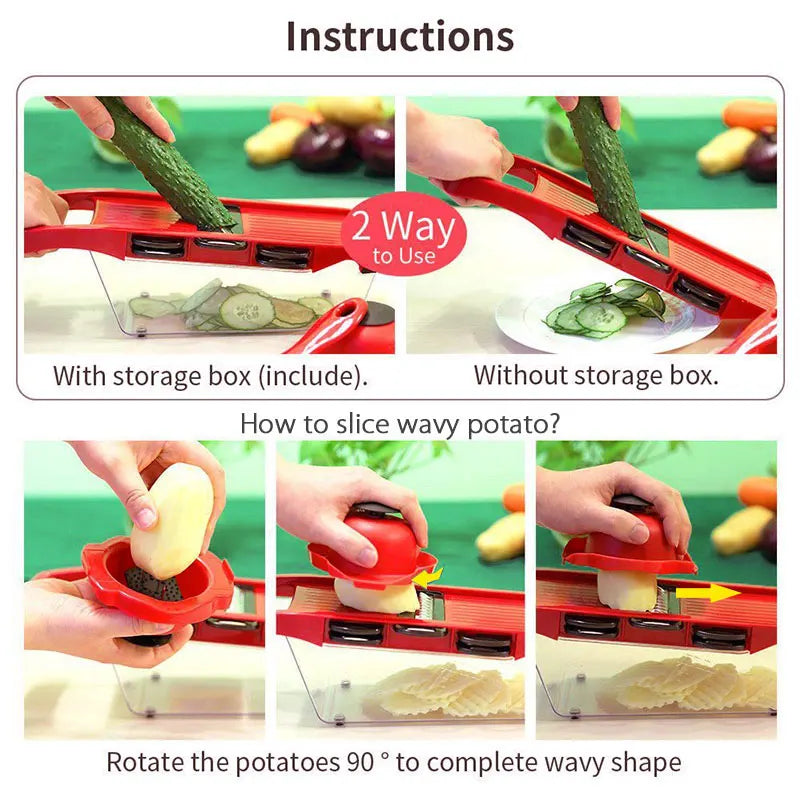 6-in-1 Vegetable Cutter and Grater Mandoline Slicer with Storage Container and Peeler – Red
