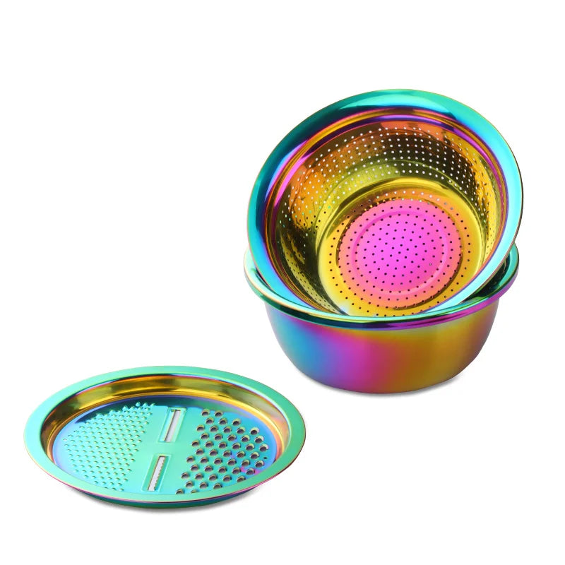 5 in 1 Kitchen Tool Stainless Steel Vegetable Slicer Grater Drain Bowl Set – Rainbow No.0