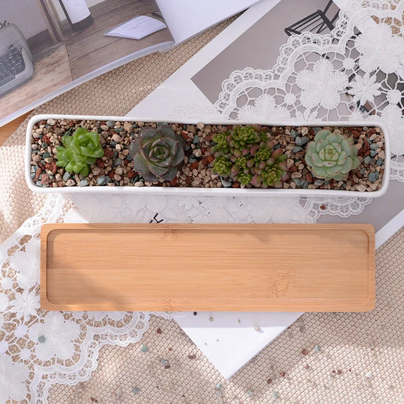 Long White Ceramic Succulent Planter with Bamboo Tray Rectangular Cactus Flower Pot for Desktop Decor