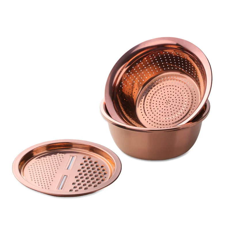 5 in 1 Kitchen Tool Stainless Steel Vegetable Slicer Grater Drain Bowl Set – Rose Gold