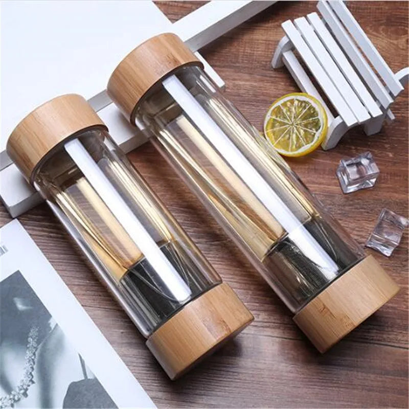 Glass Water Bottle 400mL Double Wall Tea Infuser Travel Tumbler with Bamboo Lid