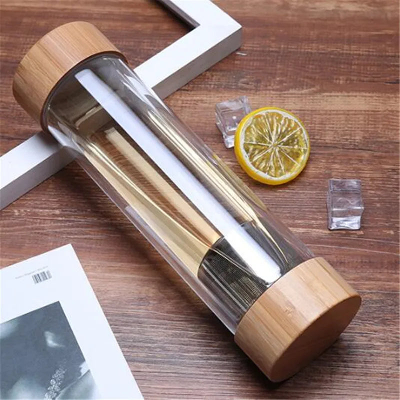 Glass Water Bottle 400mL Double Wall Tea Infuser Travel Tumbler with Bamboo Lid
