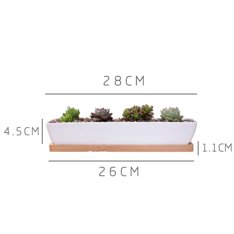 Long White Ceramic Succulent Planter with Bamboo Tray Rectangular Cactus Flower Pot for Desktop Decor