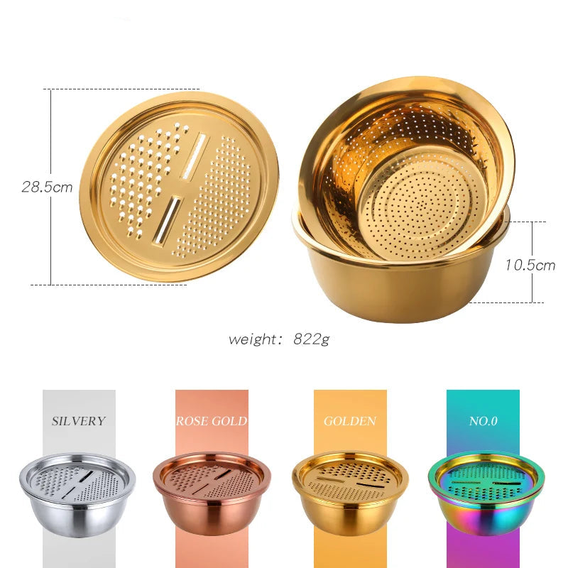 5 in 1 Kitchen Tool Stainless Steel Vegetable Slicer Grater Drain Bowl Set -  Rainbow