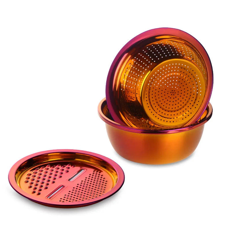 5 in 1 Kitchen Tool Stainless Steel Vegetable Slicer Grater Drain Bowl Set -  Rainbow