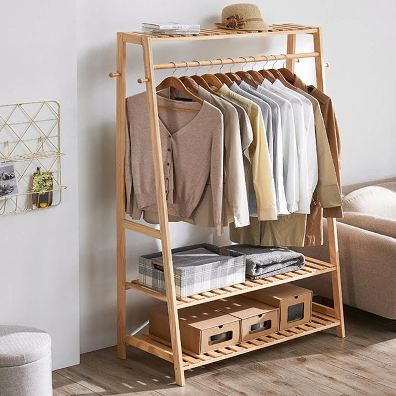 Garment Rack Bamboo Clothes Hanging Organiser 3 Shelves 10 Hooks Mobile Wardrobe – Yellow