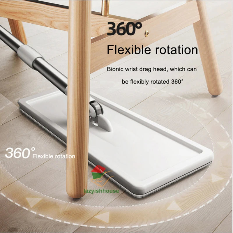 Flat Squeeze Mop with Bucket Microfiber Floor Cleaning Set Hand Free Wringing Cloth 2 Pcs