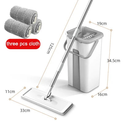 Flat Squeeze Mop and Bucket Set 360° Rotating Head with Microfiber Pad Hands-Free Cleaning - 3 Pcs