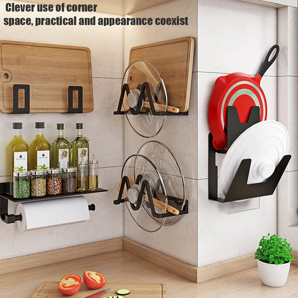 Wall Mounted Pot Lid Holder Kitchen Organizer Rack Double Slot Cutting Board Storage Rack No Drill – White