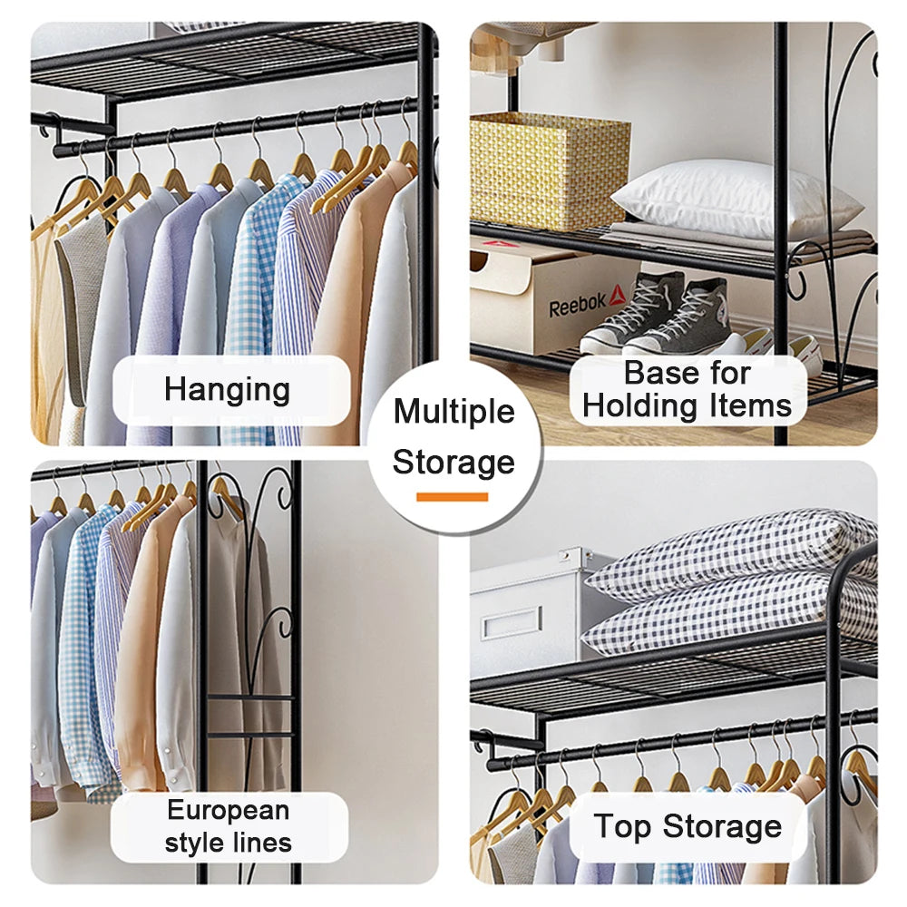 Black Metal Clothes Rack Stand with 2 Shelves for Shoes and Closet Organization