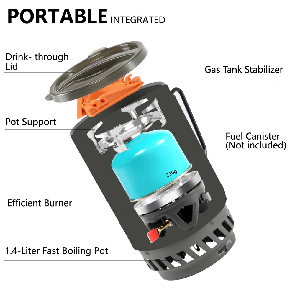 Camping Stove 1400mL Heat Exchanger Pot Portable Outdoor Cooking System – Brown