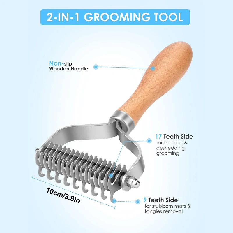 Pet Grooming Comb 2 Sided Stainless Steel Undercoat Rake Wooden Handle Dematting Brush