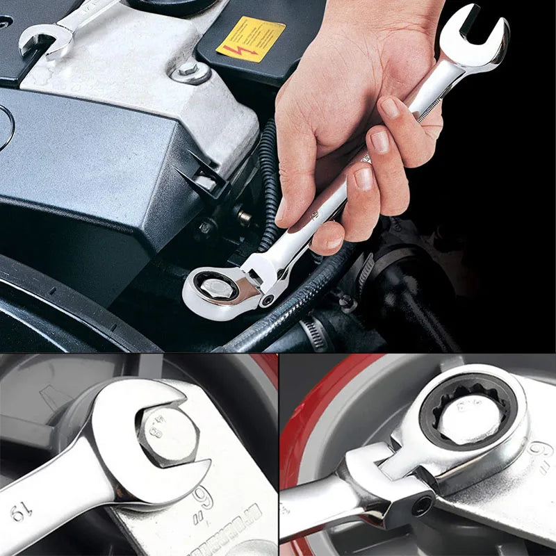 Flex Head Ratcheting Wrench Set Heavy Duty 12pcs Metric 8-19mm Chrome Vanadium Steel Combination Spanner Kit