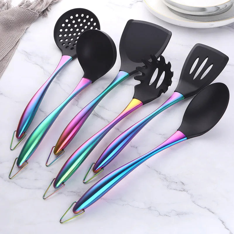 Cooking Tool Set 7PCS Silicone Kitchen Utensils with Stainless Steel Handle - Gold