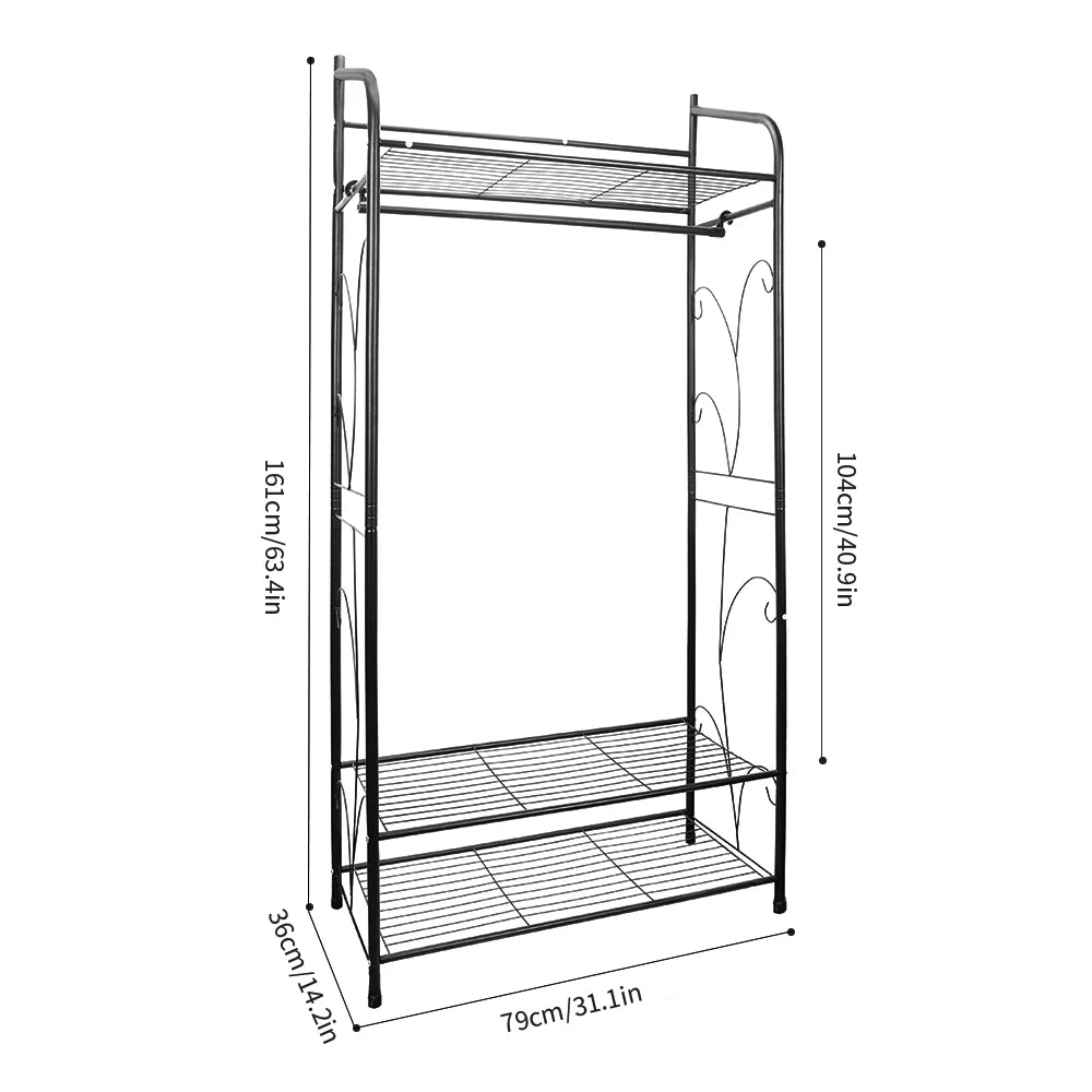 Black Metal Clothes Rack Stand with 2 Shelves for Shoes and Closet Organization