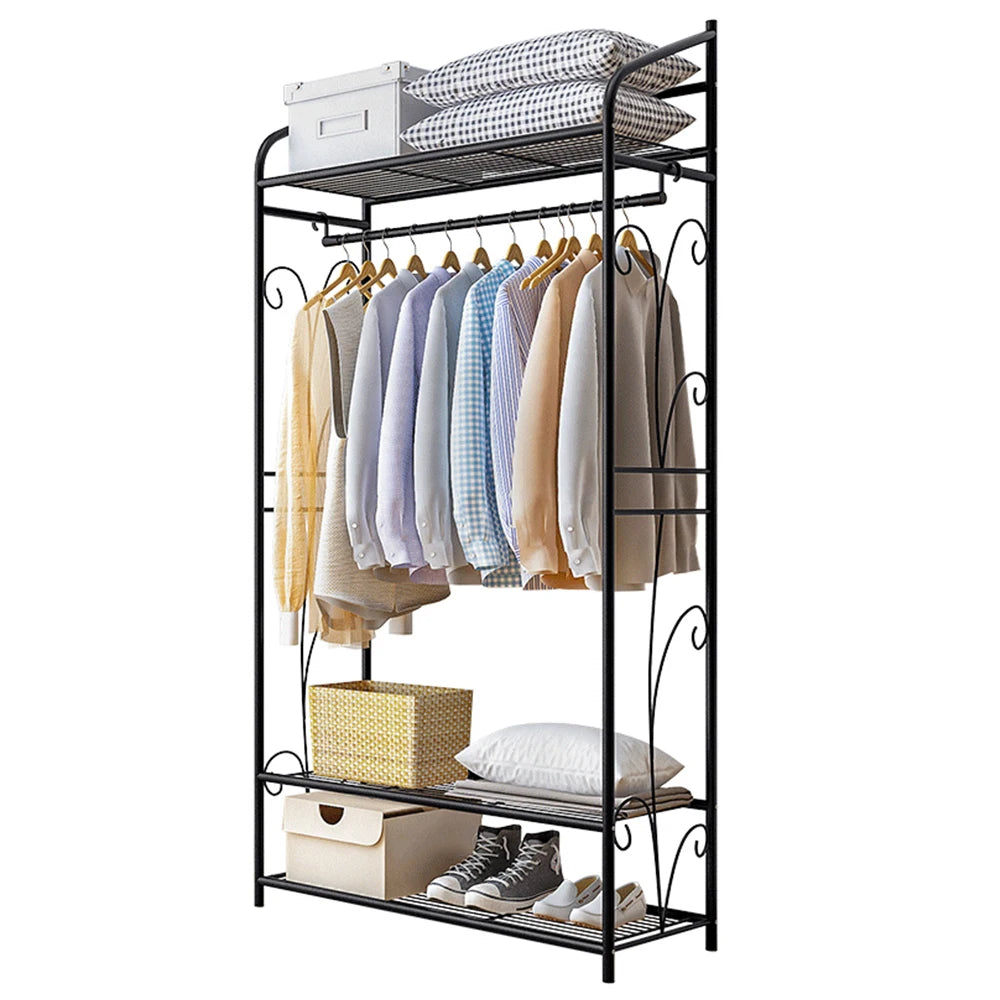 Black Metal Clothes Rack Stand with 2 Shelves for Shoes and Closet Organization