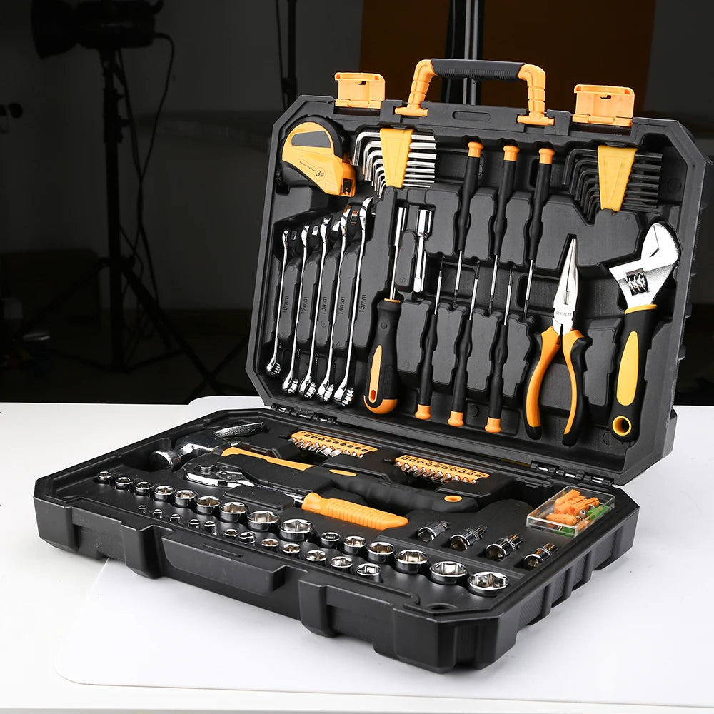 128-Piece Home DIY Hand Tool Set with Plastic Storage Case for Household and Auto Repair