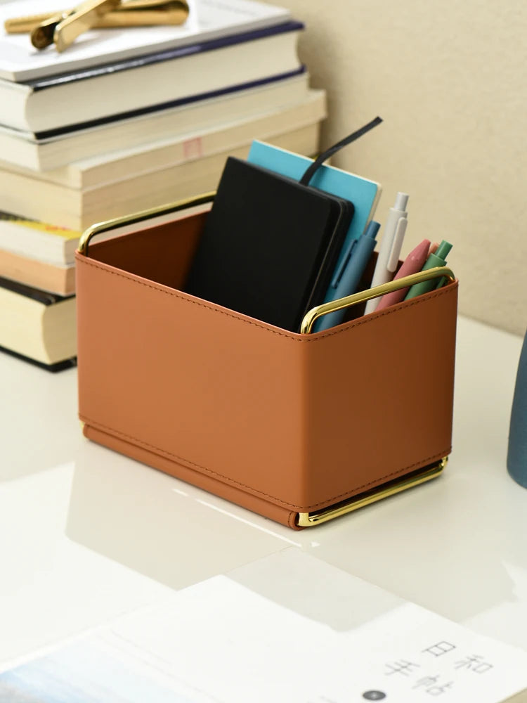 PU Leather Cosmetic Organizer 18.5cm Makeup Brush Holder Storage Basket With Metal Handles – Brown