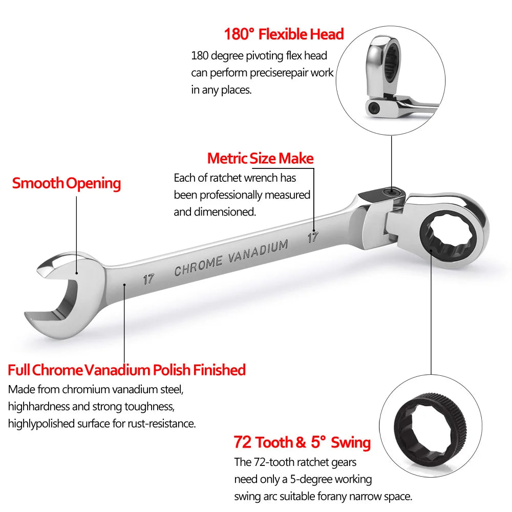 Flex Head Ratcheting Wrench Set Heavy Duty 9pcs Metric 8-19mm Chrome Vanadium Steel Combination Spanner Kit