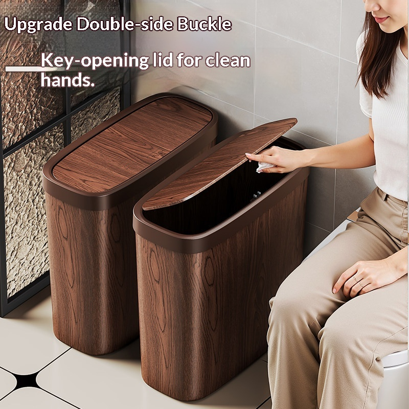 Slim Trash Can Wood Grain Design Swing Lid Compact Garbage Bin for Bathroom Kitchen Coffee