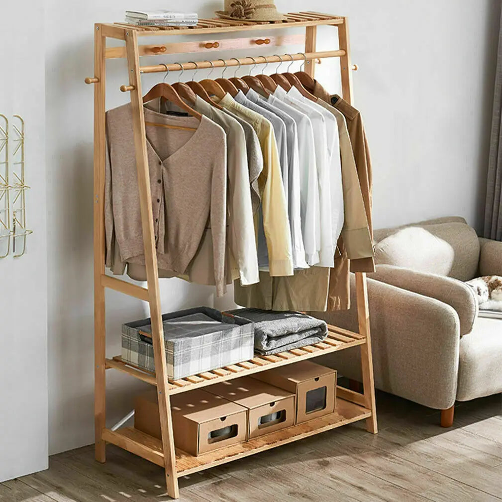 Garment Rack Bamboo Clothes Hanging Organiser 3 Shelves 10 Hooks Mobile Wardrobe – Yellow
