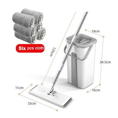 Flat Squeeze Mop and Bucket Set 360° Rotating Head with Microfiber Pad Hands-Free Cleaning - 6 Cloth