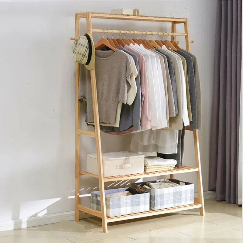 Garment Rack Bamboo Clothes Hanging Organiser 3 Shelves 10 Hooks Mobile Wardrobe – Yellow