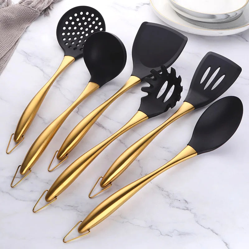 Cooking Tool Set 7PCS Silicone Kitchen Utensils with Stainless Steel Handle - Rose Gold